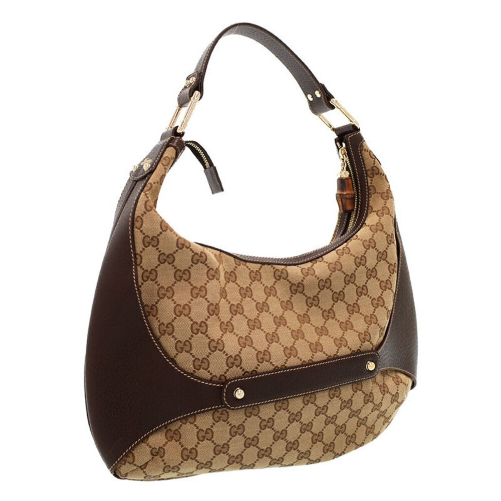 Gucci Beige Brown Bag Canvas Hobo Ebony Bamboo GG Amalfi